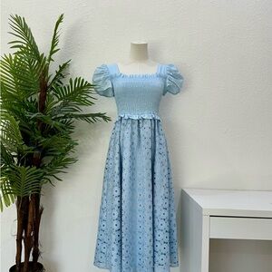 Light Blue Smocked Puff Sleeve Dress